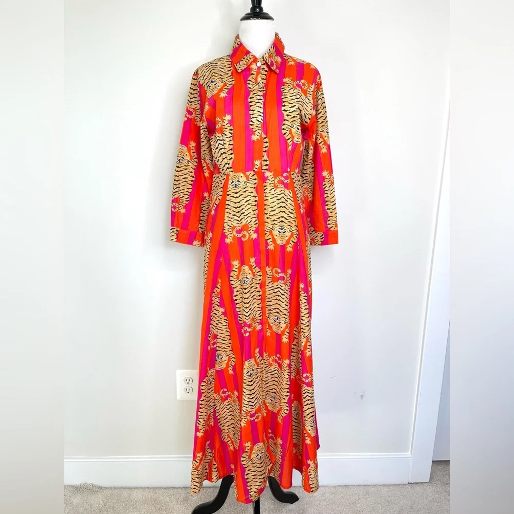 Guadalupe Luciana Tibet Tiger Stripes Hand Block Print Pure Indian Cotton Dress - Picture 13 of 16